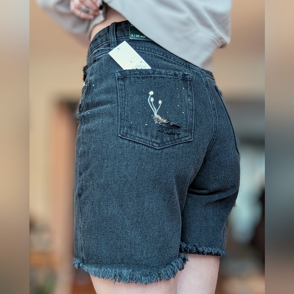 Handpainted Black Bermuda Jean Shorts with Mushroom Streetware - Picture 4 of 4